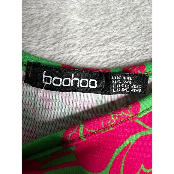 Boohoo Cold Shoulder Bell Sleeve Ruffle Floral Dress Tunic Top Green Pink US 14 - Picture 4 of 9